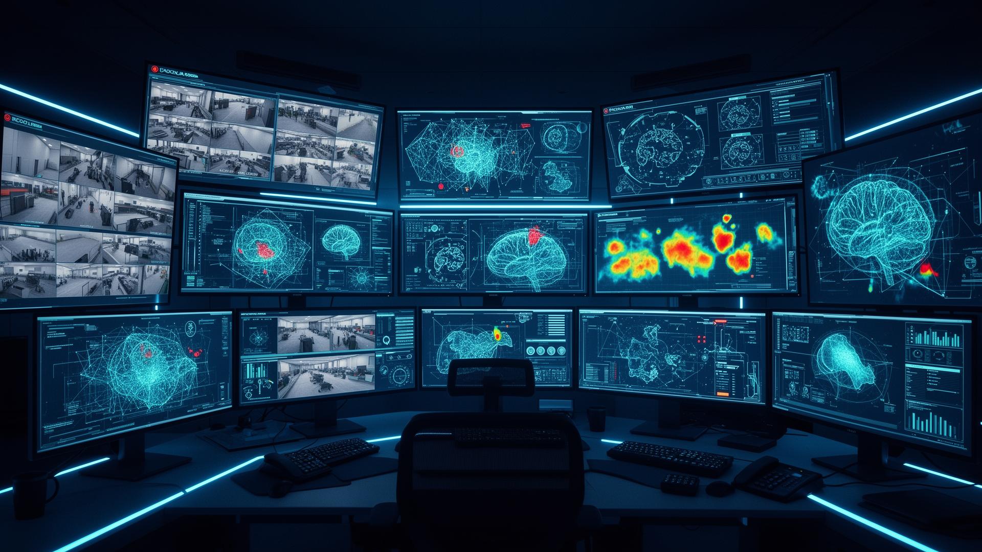 WatchWard AI security control room with multiple monitoring screens