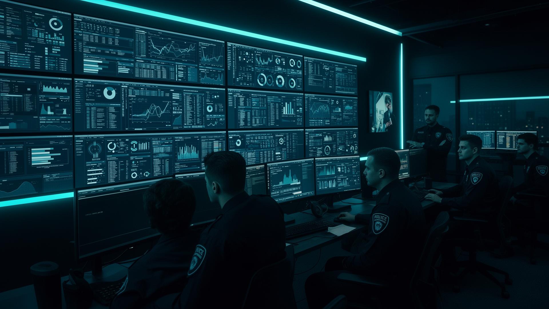 WatchWard security team at a professional monitoring center with wall of analytics screens