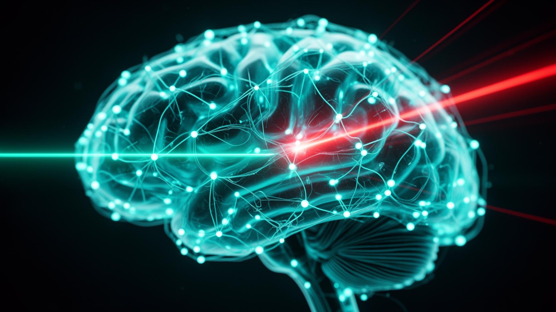 AI neural network brain with threat scanning lasers — machine learning security detection