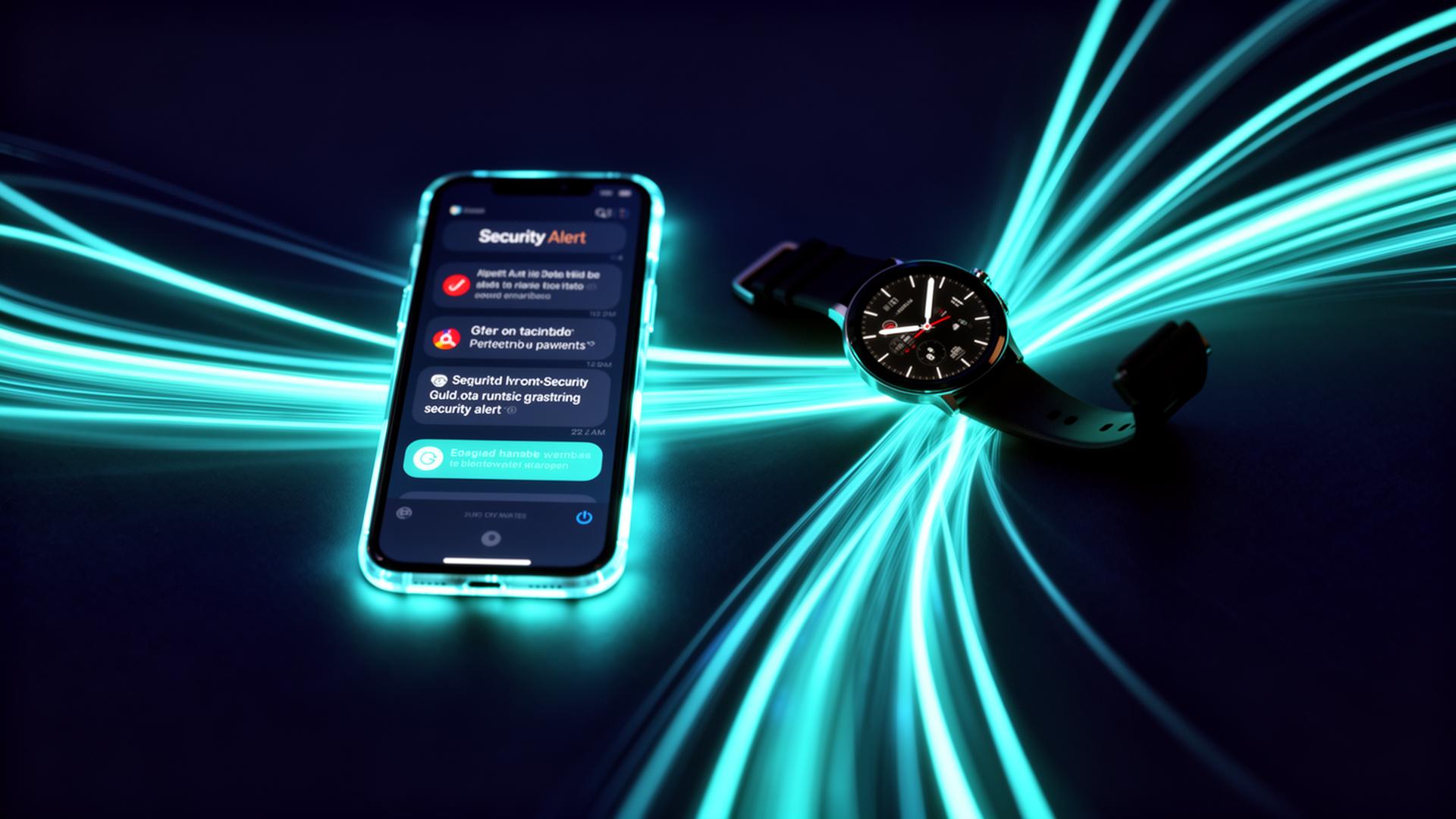 Real-time security alert notifications on mobile phone and smartwatch with cyan light trails