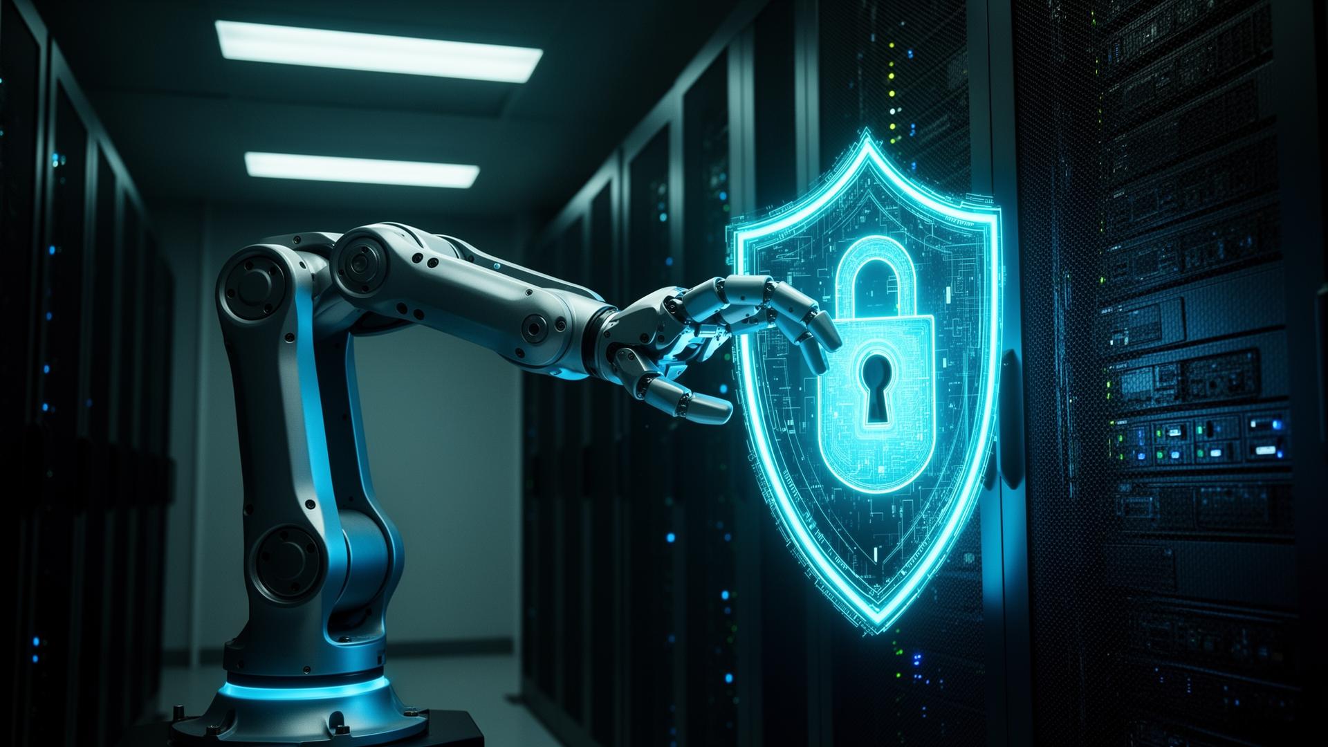 Automated security response — robot arm activating a digital lock shield in a server room