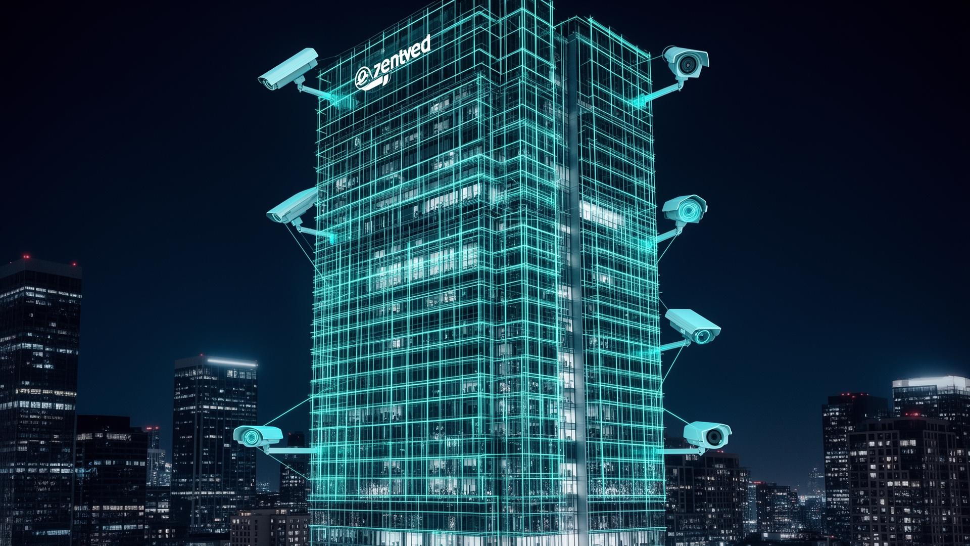 Office building with AI security camera grid and cyan surveillance network overlay at night