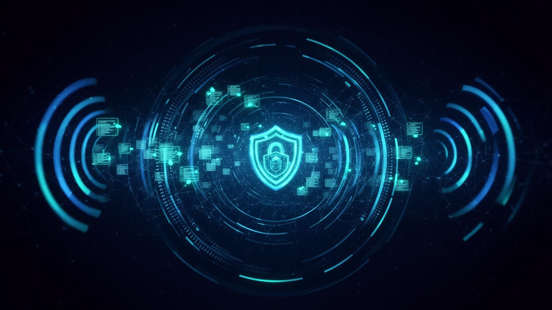 Cybersecurity monitoring — digital firewall with threat detection shield visualization