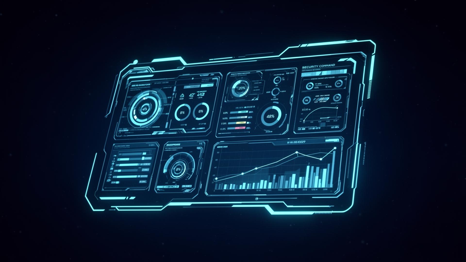 Futuristic holographic security command dashboard with glowing metrics and analytics panels