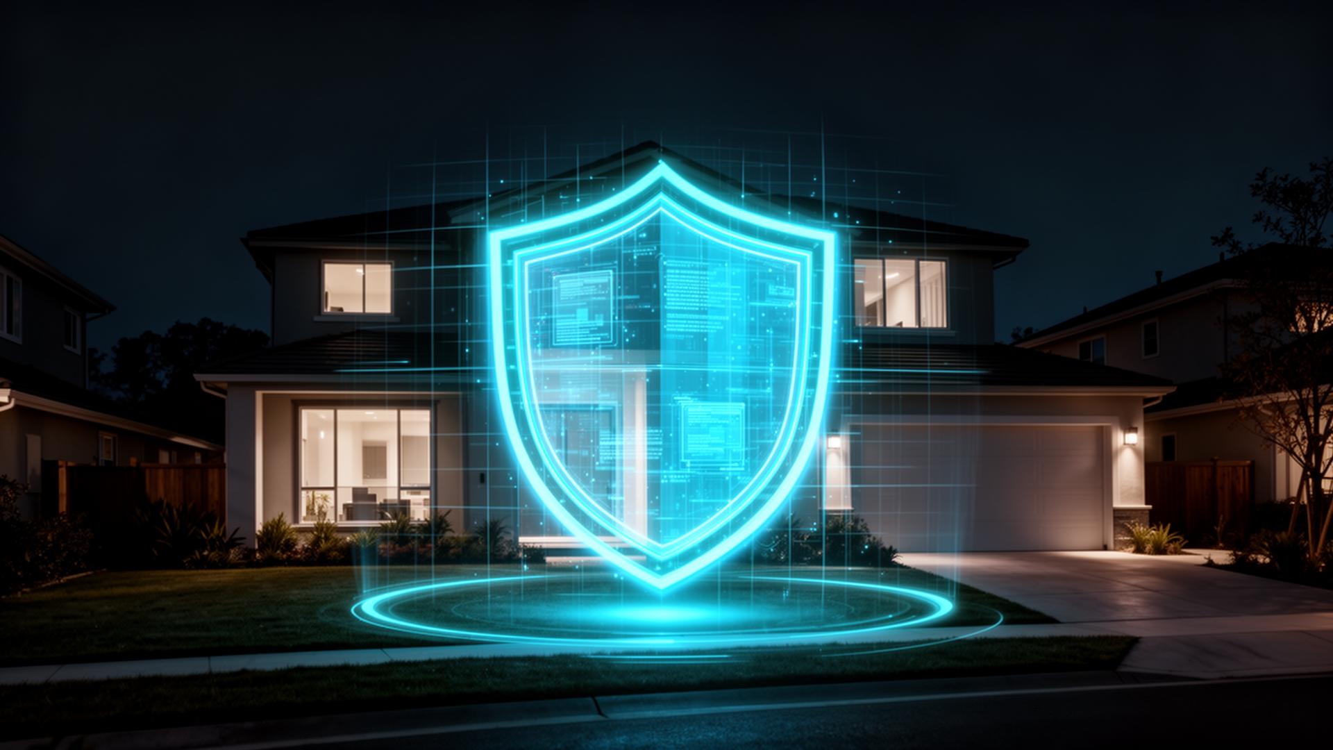 AI-powered smart home security shield protecting a suburban house at night