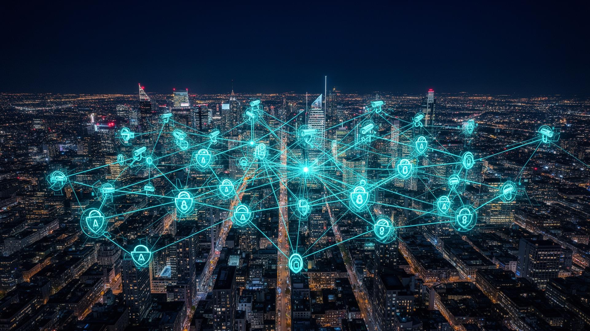 WatchWard AI security monitoring for retail stores — city-wide security network visualization