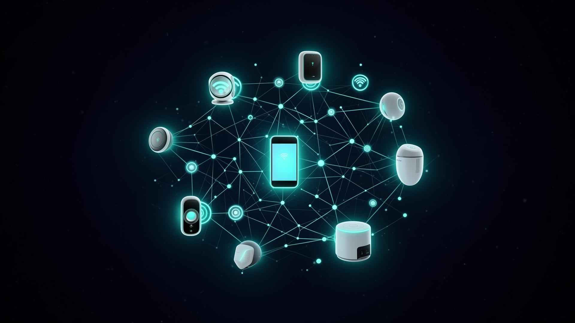 IoT smart device network security — connected gadgets with neon mesh visualization