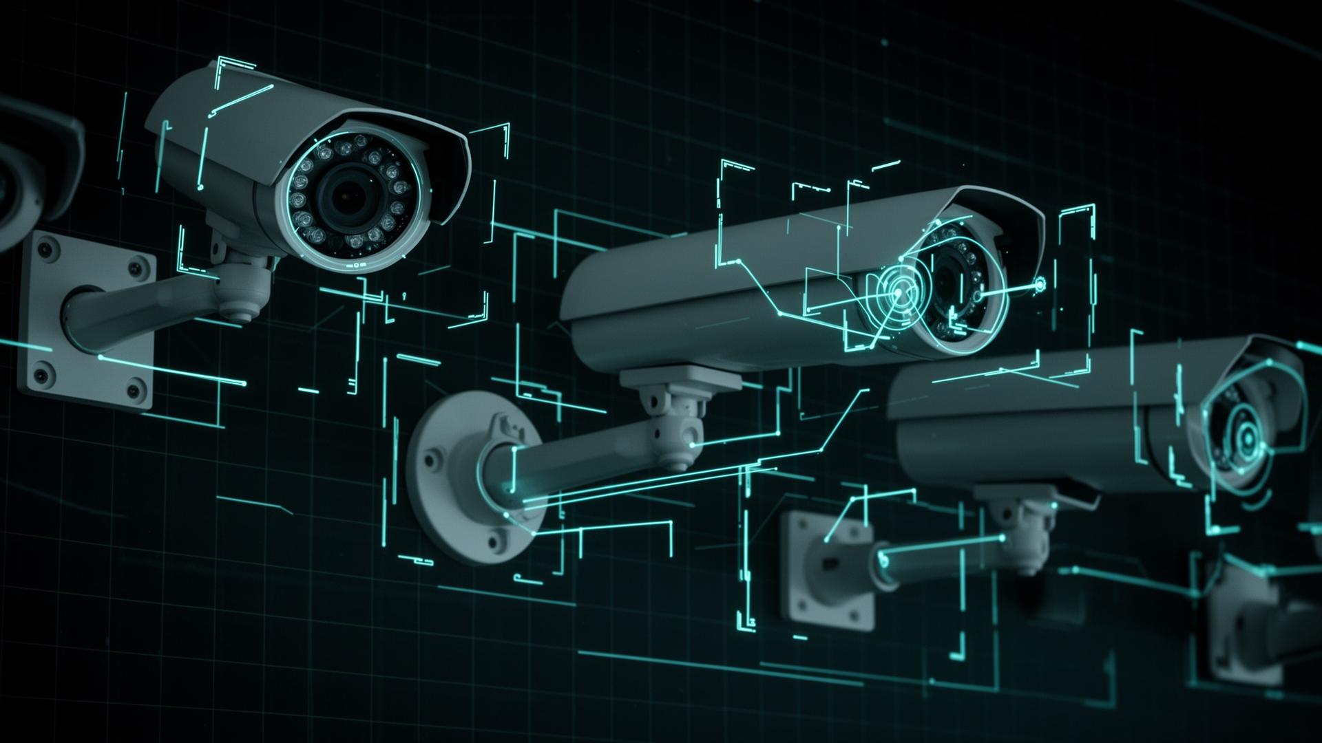 AI surveillance cameras with detection bounding boxes and tracking lines — intelligent video monitoring